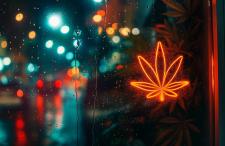 A neon cannabis leaf sign