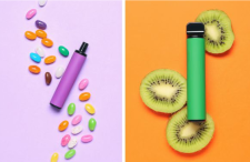 an e-cigarette with jelly beans around it, and an e-cigarette with kiwi slices around it