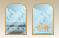 Graphic of windows, one with smoke from a gas stove and one with cigarette smoke