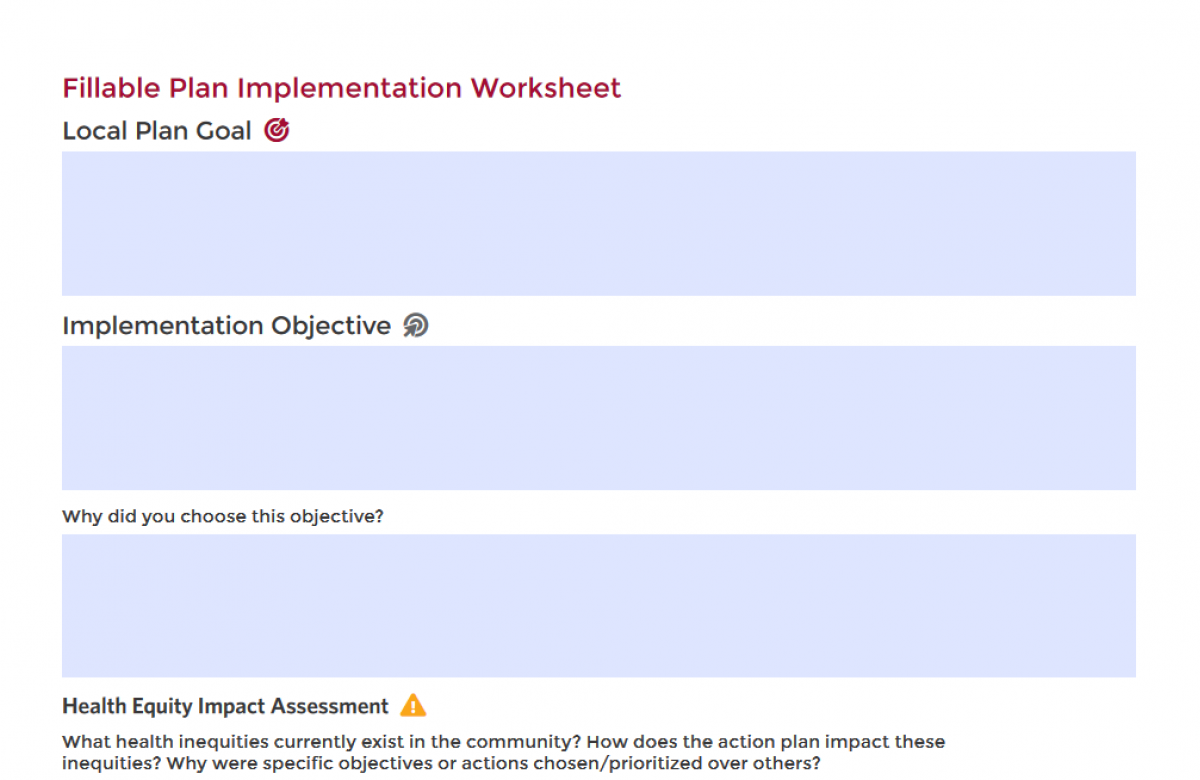 Screenshot from the Fillable Plan Implementation Worksheet