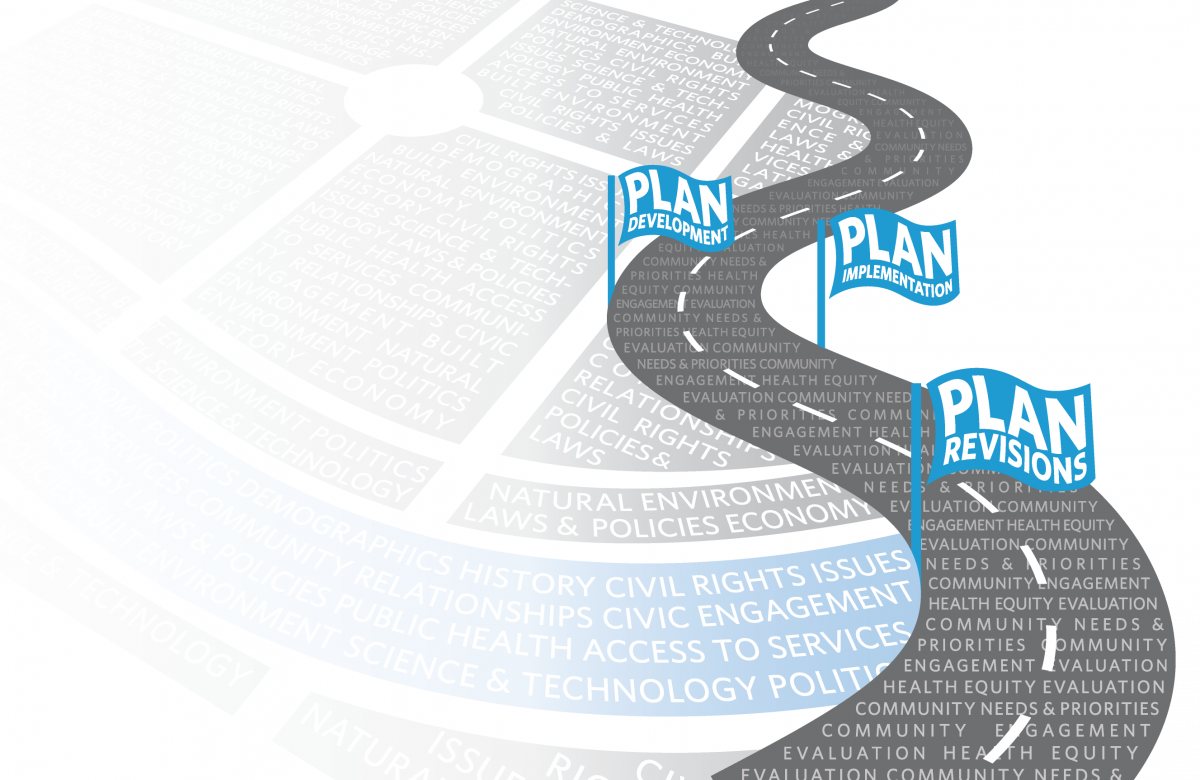 Illustration of a road with 3 blue flags stating plan implementation